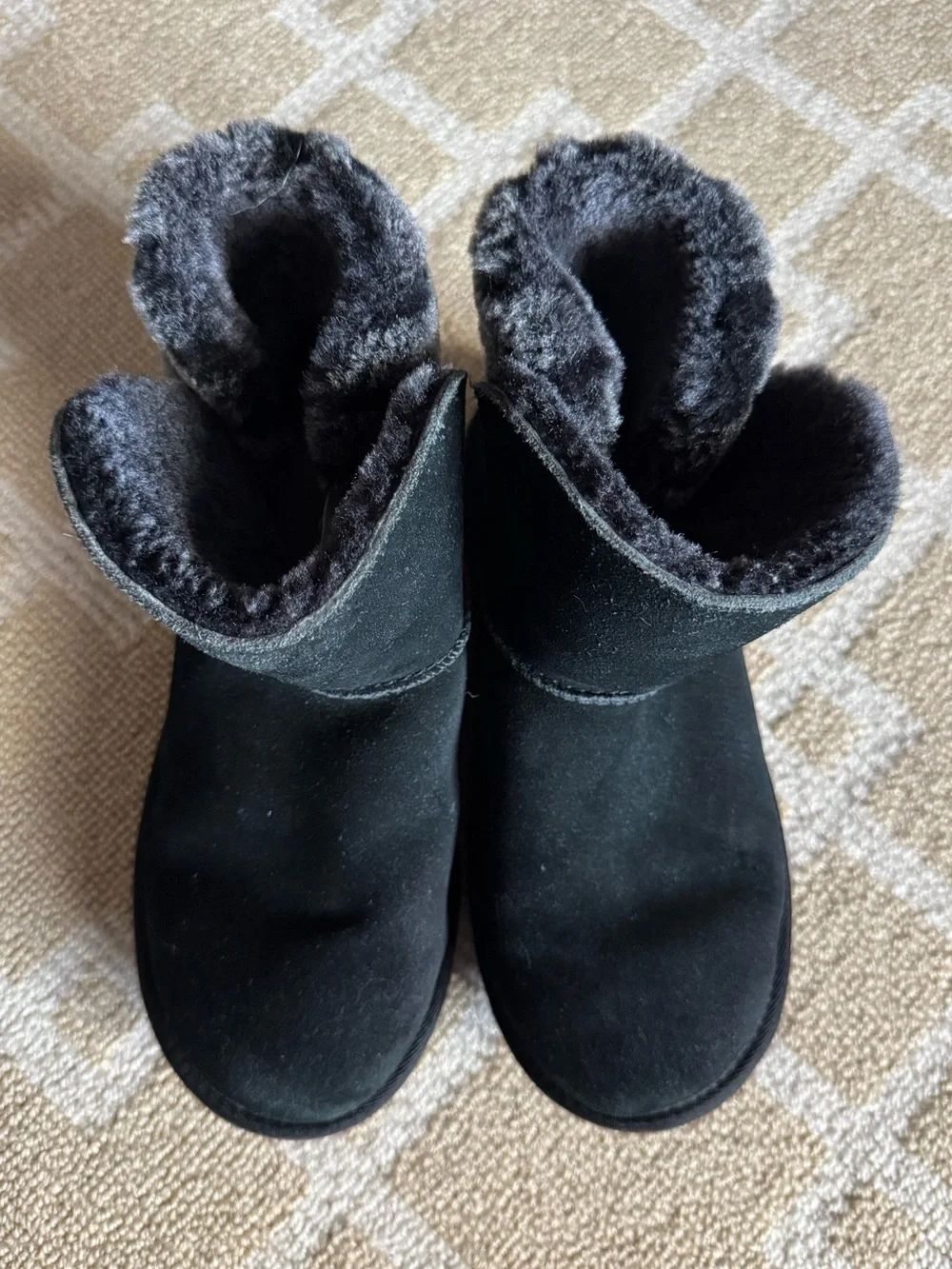 UGG Adria Suede Shearling Fur Cuff Ankle Boots Black Gray Girls Size 4